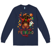 Navy Santa's Favorite Medicaid Analyst Afro Messy Bun Long Sleeve Tee - texasbilliewilder