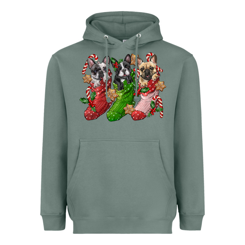 French Bulldog With Christmas Socks Heavyweight Hoodie by FaDigitalArtStudio | Teevron