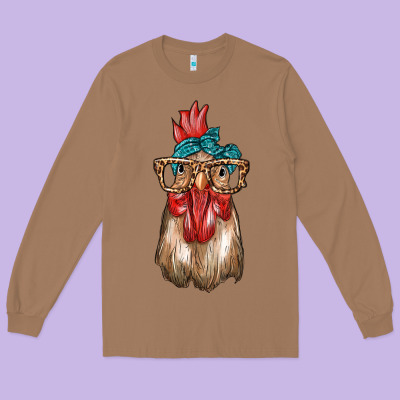 Chicken With Bandana And Leopard Long Sleeve Tee Designed By Texasbilliewilder