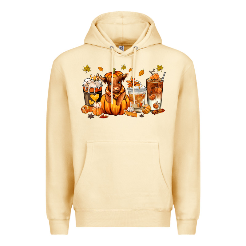 Fall Autumn Cow Pumpkin Coffee Cups Premium Hoodie by RanaPortraitStore | Teevron