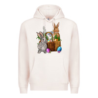 Pale Pink Bunnys carrots eggs with basket easter Premium Hoodie - OliviaCreatesArt