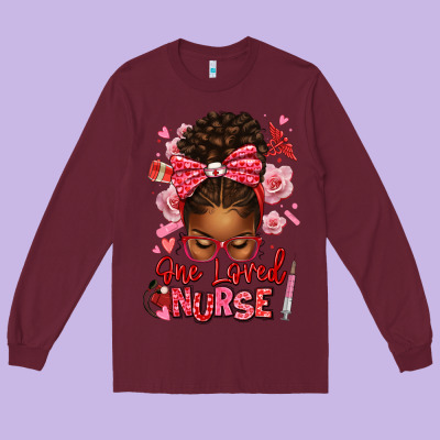 One Loved Nurse Afro Messy Bun Long Sleeve Tee Designed By Texasbilliewilder