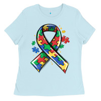 Baby Blue autism puzzle ribbon Ladies Tee - MaliasSmallBusiness