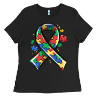 Black autism puzzle ribbon Ladies Tee - MaliasSmallBusiness