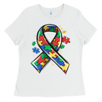 White autism puzzle ribbon Ladies Tee - MaliasSmallBusiness