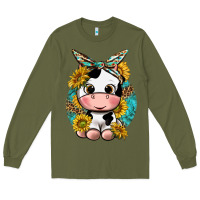 Army Green cute cow with sunflower and leopard Long Sleeve Tee - texasbilliewilder