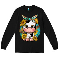 Black cute cow with sunflower and leopard Long Sleeve Tee - texasbilliewilder