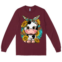 Burgundy cute cow with sunflower and leopard Long Sleeve Tee - texasbilliewilder