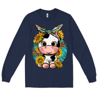 Navy cute cow with sunflower and leopard Long Sleeve Tee - texasbilliewilder