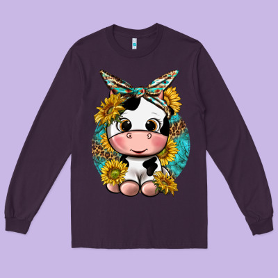 Cute Cow With Sunflower And Leopard Long Sleeve Tee Designed By Texasbilliewilder
