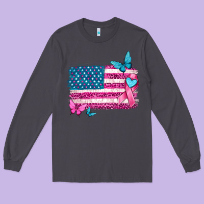 American Flag Breast Cancer With Ribbon Long Sleeve Tee Designed By Texasbilliewilder