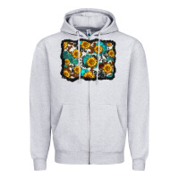 Heather Grey cowhide  turquoise sunflowers pattern olivia Zipper Hoodie - OliviaCreatesArt