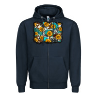 Navy cowhide  turquoise sunflowers pattern olivia Zipper Hoodie - OliviaCreatesArt