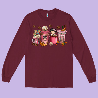 Cafecito Y Chisme Coffee Cups Long Sleeve Tee Designed By Texasbilliewilder