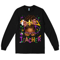 Black mardi gras teacher afro messy bun Long Sleeve Tee - texasbilliewilder