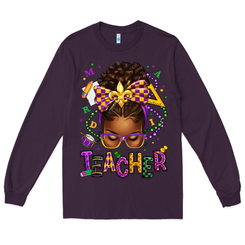 Mardi Gras Teacher Afro Messy Bun Long Sleeve Tee by texasbilliewilder | Teevron