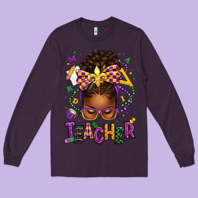 Mardi Gras Teacher Afro Messy Bun Long Sleeve Tee Designed By Texasbilliewilder