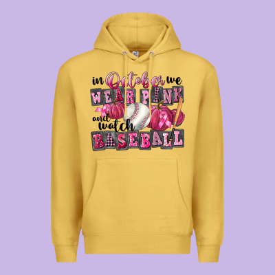 In October We Wear Pink And Watch Baseball Premium Hoodie Designed By Fadigitalartstudio