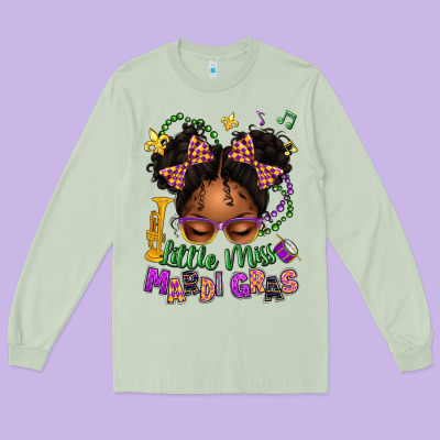 Little Miss Mardi Gras Afro Messy Bun Kid Long Sleeve Tee Designed By Texasbilliewilder