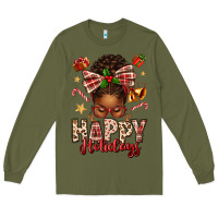 Army Green happy holidays christmas afro messy bun Long Sleeve Tee - texasbilliewilder