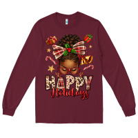 Burgundy happy holidays christmas afro messy bun Long Sleeve Tee - texasbilliewilder