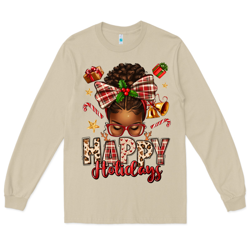 Happy Holidays Christmas Afro Messy Bun Long Sleeve Tee by texasbilliewilder | Teevron