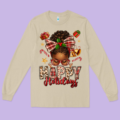 Happy Holidays Christmas Afro Messy Bun Long Sleeve Tee Designed By Texasbilliewilder