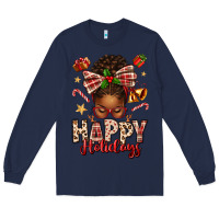 Navy happy holidays christmas afro messy bun Long Sleeve Tee - texasbilliewilder