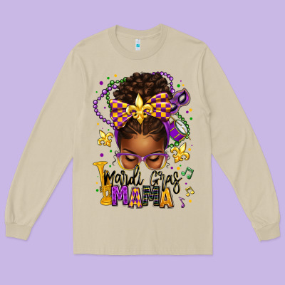 Mardi Gras Mama Afro Messy Bun Long Sleeve Tee Designed By Texasbilliewilder