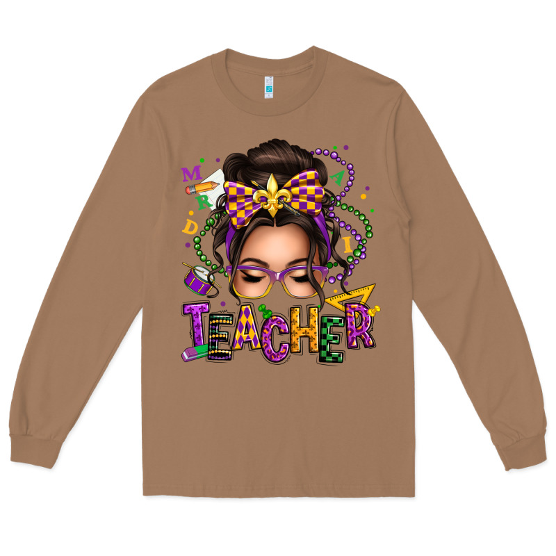 Mardi Gras Teacher Caucasian Messy Bun Long Sleeve Tee by texasbilliewilder | Teevron