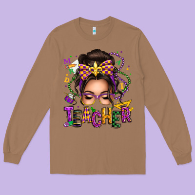 Mardi Gras Teacher Caucasian Messy Bun Long Sleeve Tee Designed By Texasbilliewilder