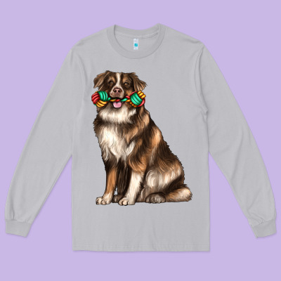 Australian Shepherd With Rope Toy Long Sleeve Tee Designed By Texasbilliewilder