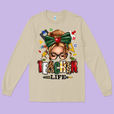 Teacher Life Blonde Caucassian Messy Bun Long Sleeve Tee Designed By Texasbilliewilder