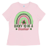 Bubblegum Pink lucky to be a teacher Ladies Tee - MaliasSmallBusiness