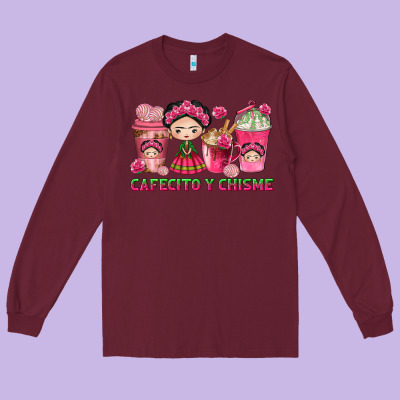Cafecito Y Chisme With Coffee Cups Long Sleeve Tee Designed By Texasbilliewilder
