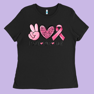 Peace Love Cure Breast Cancer Ladies Tee Designed By Maliassmallbusiness