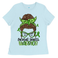 Baby Blue messy bun mental health warrior Ladies Tee - MaliasSmallBusiness