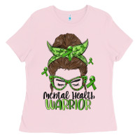 Bubblegum Pink messy bun mental health warrior Ladies Tee - MaliasSmallBusiness