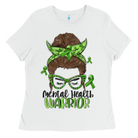 White messy bun mental health warrior Ladies Tee - MaliasSmallBusiness