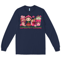 Navy cafecito y chisme with coffee cups Long Sleeve Tee - texasbilliewilder