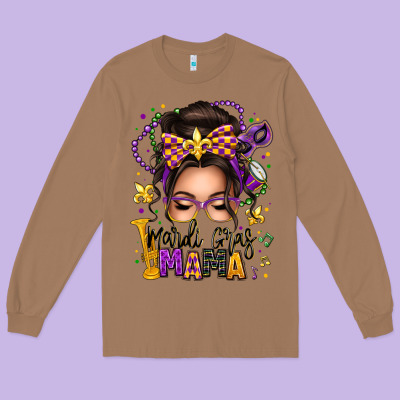 Mardi Gras Mama Messy Bun Long Sleeve Tee Designed By Texasbilliewilder