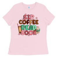 Bubblegum Pink sip coffee read book Ladies Tee - MaliasSmallBusiness