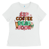 White sip coffee read book Ladies Tee - MaliasSmallBusiness