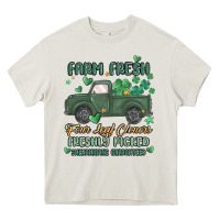Cream farm fresh four leaf clovers Heavy Core Tee - MaliasSmallBusiness