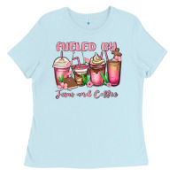 Baby Blue fueled by jesus and coffee Ladies Tee - MaliasSmallBusiness