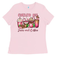 Bubblegum Pink fueled by jesus and coffee Ladies Tee - MaliasSmallBusiness