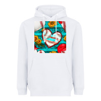 White baseball hearts and sunflowers with turquoise gemstone seamless patter Heavyweight Hoodie - BundleAndBundleShop
