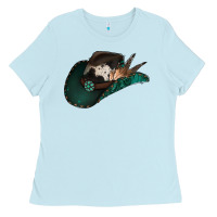 Baby Blue cowhide flowers cowboy hat Ladies Tee - Jasminsmagicworld