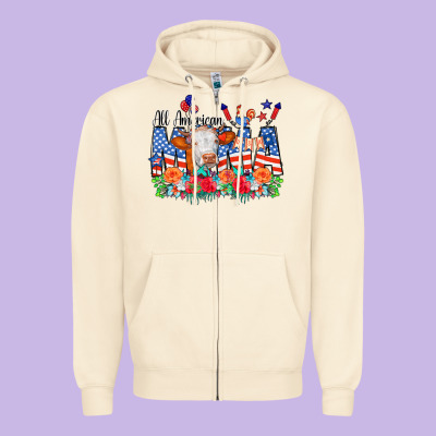 All American Mama Cow Flowers Zipper Hoodie Designed By Cowcowdesign