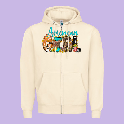 American Girl, Western Cowhide Zipper Hoodie Designed By Cowcowdesign